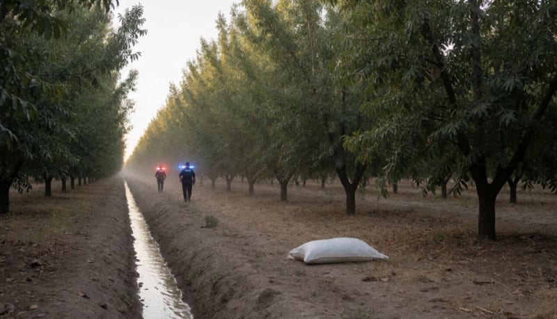 Huerta de nogales al atardecer con un costal blanco en el suelo y policías lejanos de espaldas junto a una acequia