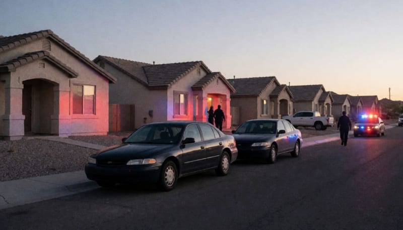 Calle residencial desértica al anochecer con casas de un piso y luces rojas y azules reflejadas en las fachadas