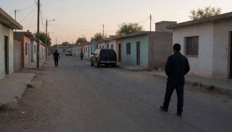 Esquina de una colonia residencial al atardecer con casas bajas, una camioneta oscura estacionada y dos hombres lejanos vistos de espaldas