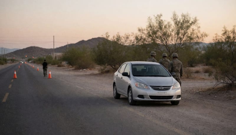Sedán plateado estacionado en el acotamiento de un camino desértico al atardecer con militares a lo lejos y conos naranjas