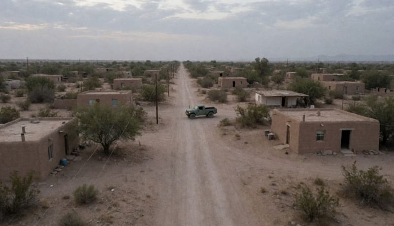Camino rural polvoriento en la región de Ojinaga al amanecer, con una camioneta a lo lejos
