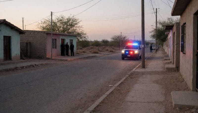 Luces de emergencia iluminando una calle residencial en zona desértica durante operativo de detención