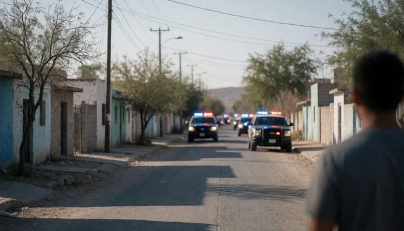 Calle residencial con casas modestas en el norte de México, luces rojas y azules de patrullas al fondo sobre la avenida