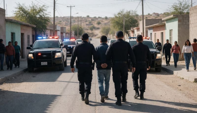 Elementos de seguridad realizando una detención en calles de una localidad del norte de México