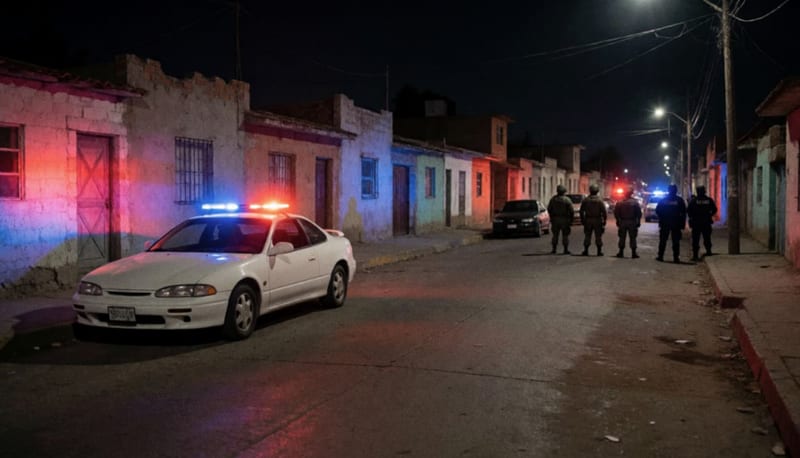 Calle de colonia popular de noche con un auto deportivo blanco estacionado y luces rojas y azules sobre las casas