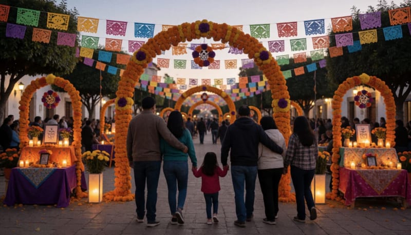 Plaza adornada con cempasúchil y papel picado para el Día de Muertos al atardecer