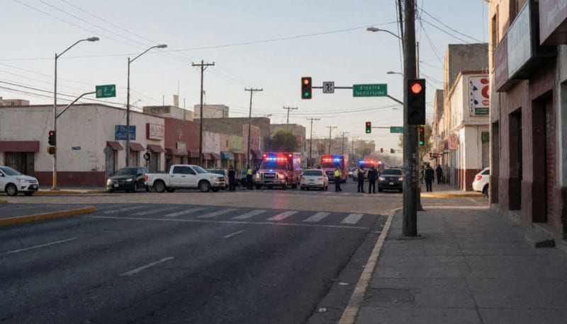 Escena de un accidente vial con dos vehículos colisionados en una calle urbana, luces de emergencia parpadeantes al fondo
