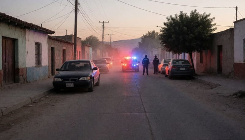 Calle residencial al anochecer con un auto detenido a lo lejos y luces rojas y azules sobre las casas