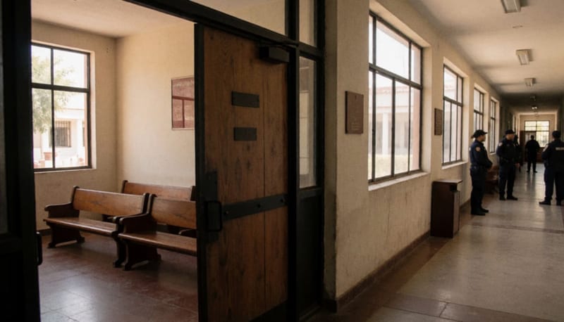 Pasillo interior de un juzgado con puerta de madera y oficiales al fondo en un edificio de Delicias