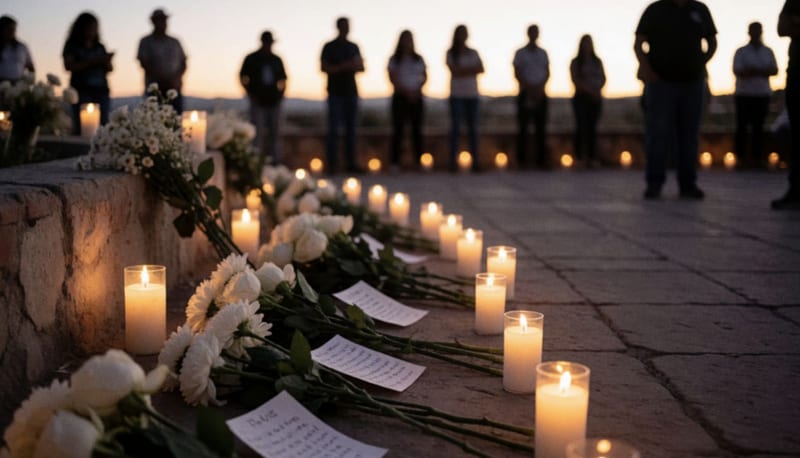Flores blancas y velas encendidas en una plaza nocturna en memoria de víctimas