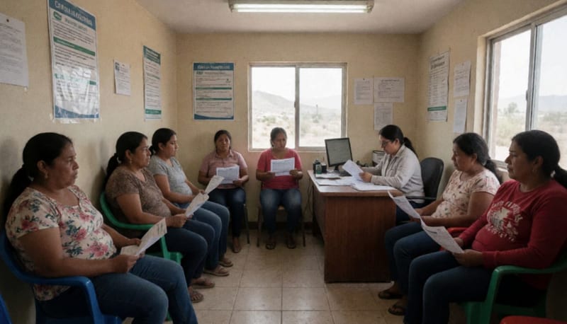 Usuarios esperando atención en una oficina de agua de Delicias con sus recibos en mano