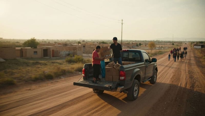 Voluntarios descargando cajas de alimentos de una camioneta en una comunidad rural