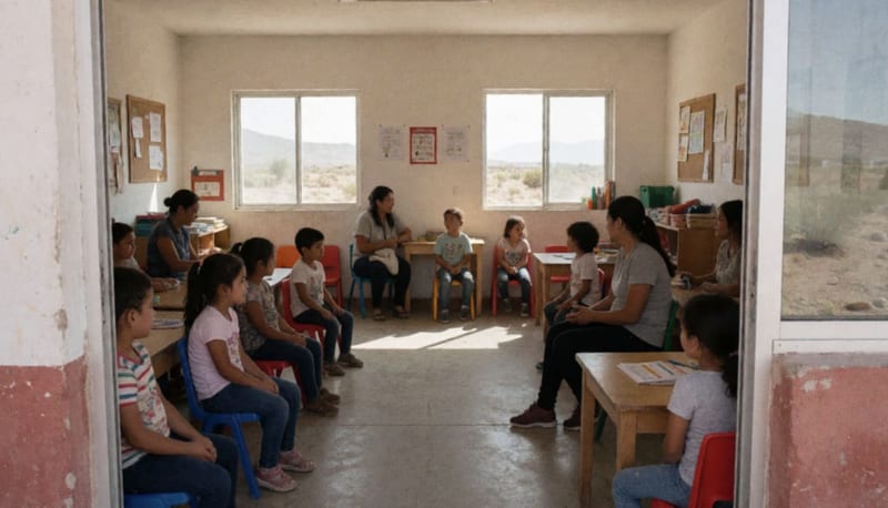 Centro de atención con niños y personal en espacios terapéuticos bajo luz natural
