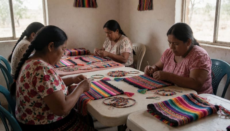Mujeres artesanas trabajando en telas y materiales tradicionales dentro de un espacio de trabajo comunitario
