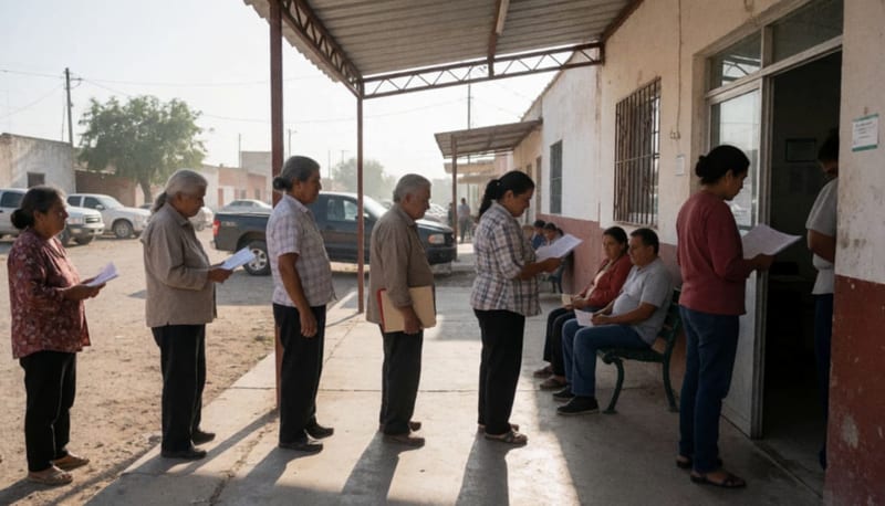 Personas formadas afuera de un centro de salud comunitario en una mañana soleada del norte de México
