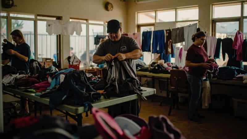 Voluntarios acondicionando mochilas y uniformes donados en una sala de oficinas municipales