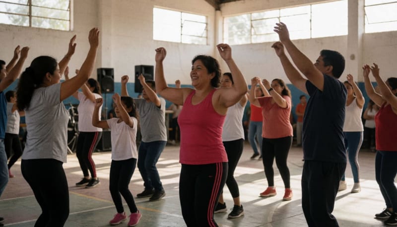 Personas de diferentes edades bailando y ejercitándose juntas en el interior de un gimnasio, con luz natural y ambiente de actividad física