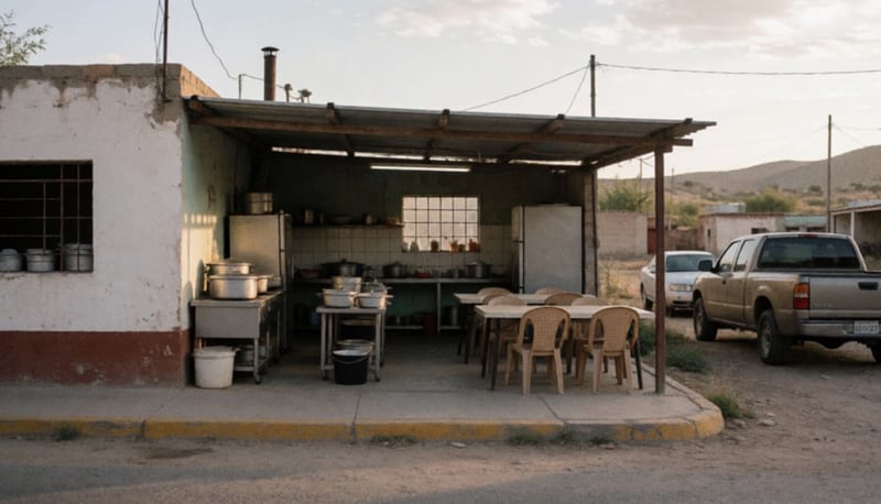 Comedor comunitario con equipamiento de cocina de acero inoxidable, mesas y sillas de plástico en un espacio modesto de Parral