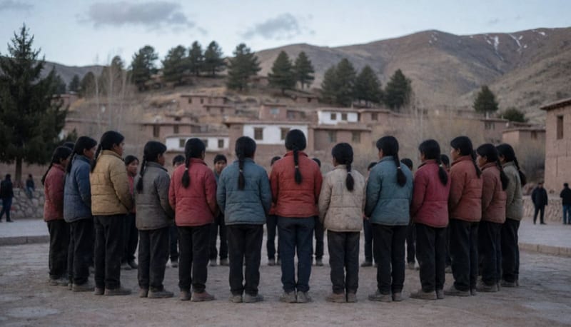 Menores de la Sierra Tarahumara vistiendo abrigos durante una jornada comunitaria en las montañas