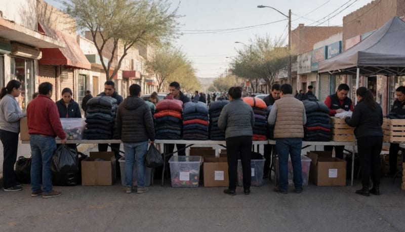 Personas entregando chamarras en un centro de acopio con mesas y cajas de donaciones organizadas bajo un toldo