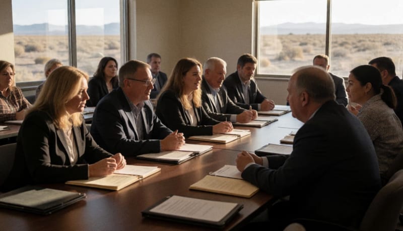 Autoridades municipales y representantes en reunión de trabajo alrededor de una mesa