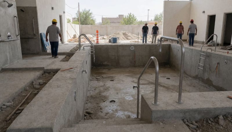 Área de hidroterapia en proceso de renovación con piscina y duchas accesibles en construcción