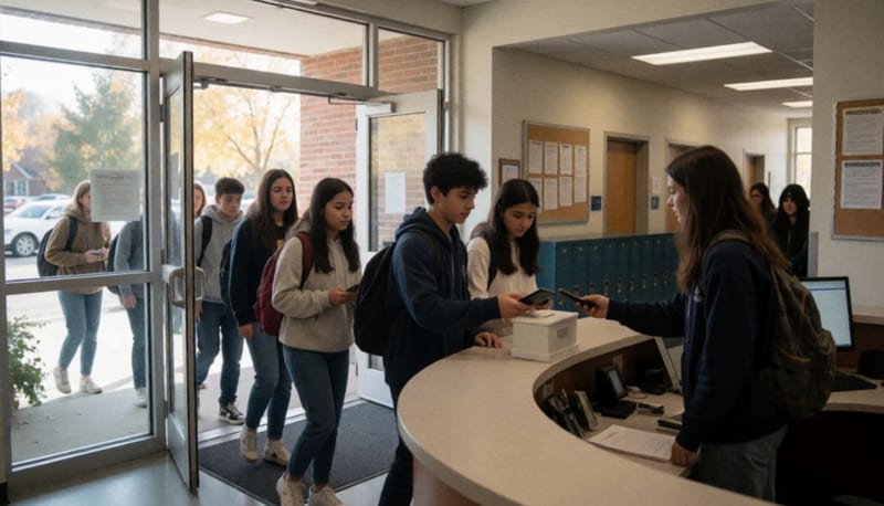 Estudiantes en la entrada de una escuela entregando sus celulares en una caja de recolección