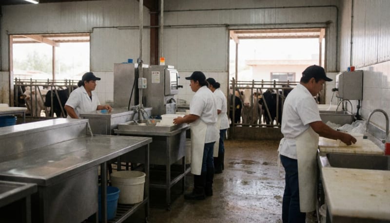Interior de un rastro con trabajadores en el área de procesamiento de carne