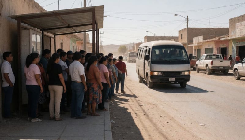 Pasajeros esperando en una parada de autobús en zona desértica de Chihuahua al atardecer