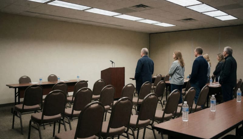 Salón de conferencias con sillas vacías dispuestas frente a un podio con micrófono