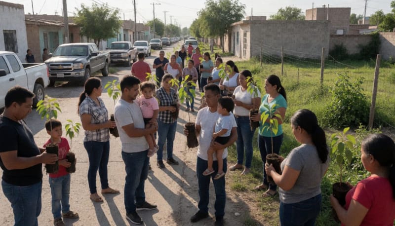 Familias camarguenses en una calle residencial sosteniendo arbolitos durante la distribución comunitaria