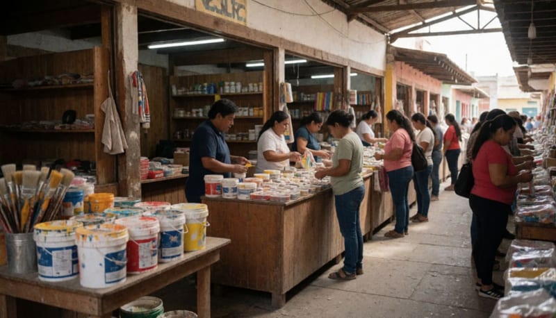Vendedores trabajando en los pasillos del mercado tradicional con cubetas de pintura en primer plano