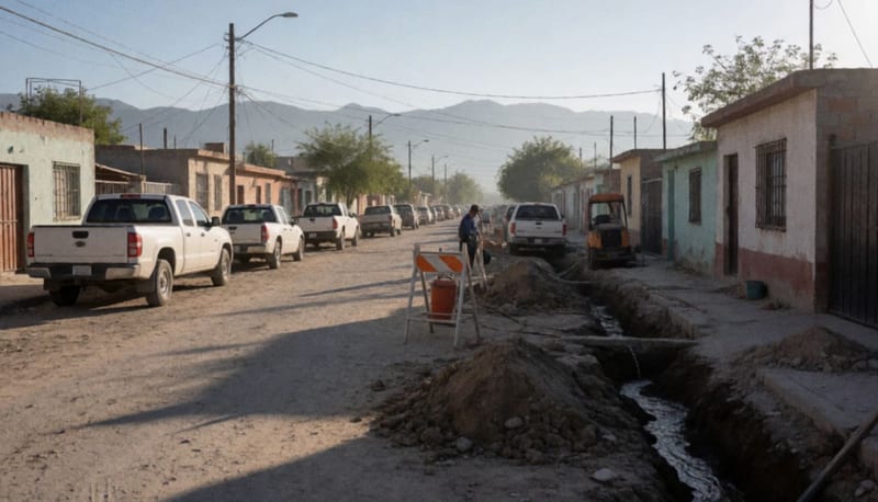 Trabajos de ampliación de redes de agua en una colonia residencial del sur de Chihuahua