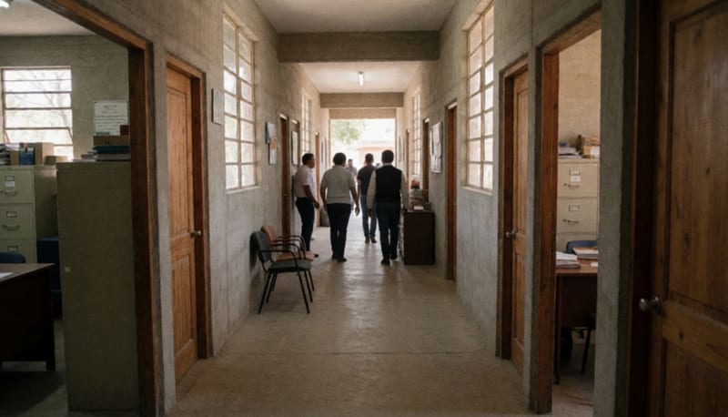 Pasillo interior de una oficina municipal con puertas y archiveros de frente