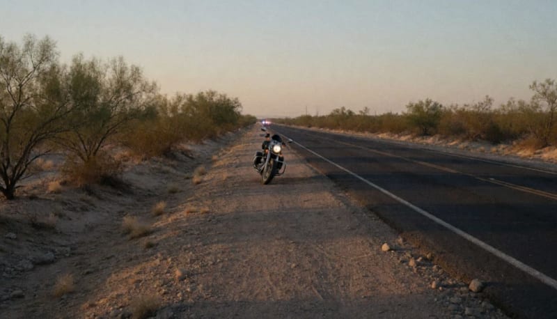 Carretera desértica en las inmediaciones de Meoqui con luz de atardecer