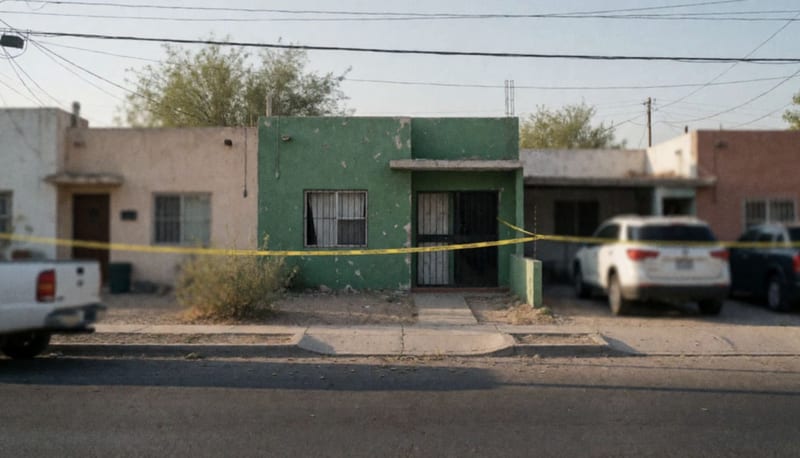 Fachada de casa verde con múltiples impactos de bala y cinta amarilla de cierre perimetral en calle de Chihuahua