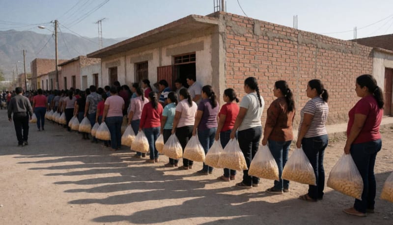 Familias formadas con bolsas en un punto de distribución de alimentos en una plaza comunitaria de un pueblo del norte de México