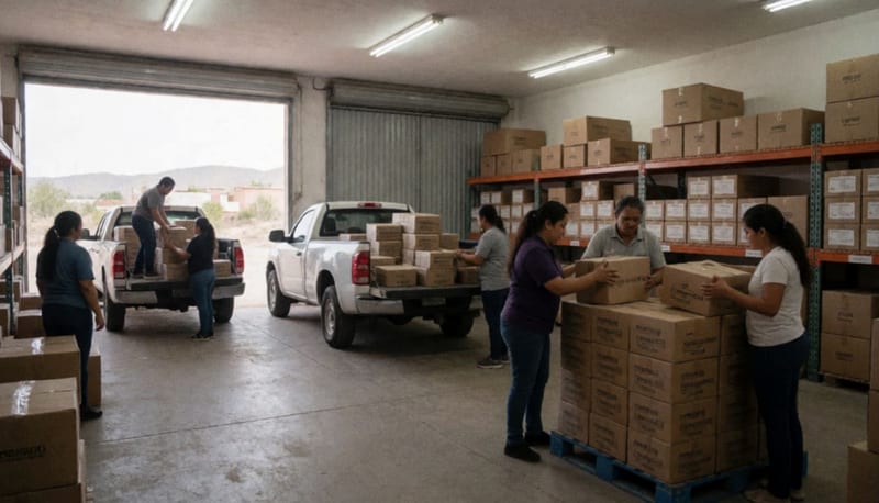 Representantes escolares organizan y cargan cajas de libros de texto en una bodega de almacenamiento regional