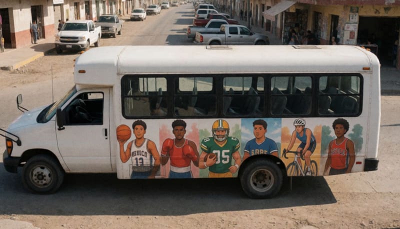 Autobús municipal estacionado con ilustraciones de atletas en sus laterales, bajo el sol del desierto