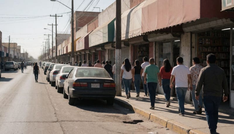 Calle comercial del centro con peatones de espaldas caminando frente a locales y autos estacionados