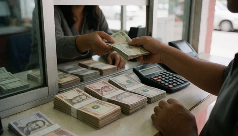 Mostrador de una casa de cambio con billetes y una calculadora