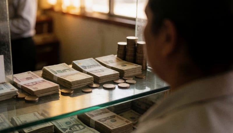 Mostrador de una casa de cambio con billetes y monedas
