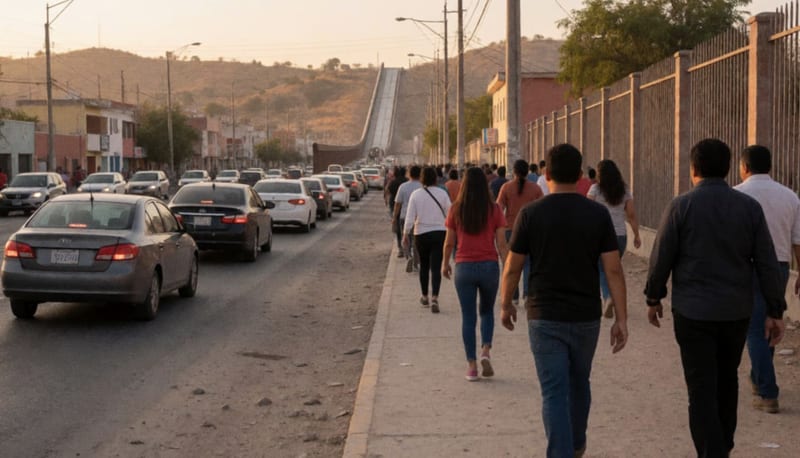 Peatones vistos de espalda caminan por una banqueta hacia un puente fronterizo mientras una fila de autos espera en la avenida al atardecer