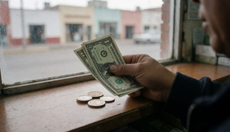 Mano sosteniendo billetes verdes y monedas sobre un mostrador de madera con una calle borrosa al fondo