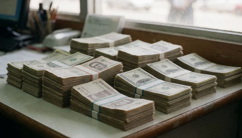 Billetes de pesos mexicanos y dólares sobre una mesa en una casa de cambio