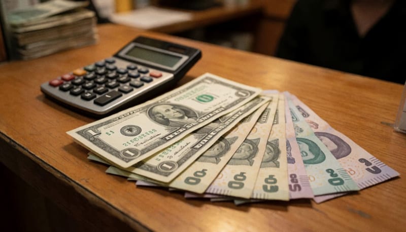 Billetes de dólar y de peso junto a una calculadora sobre un mostrador