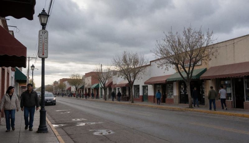 Calle de un pueblo del norte con cielo nublado y gris, algunos transeúntes abrigados caminando bajo las nubes bajas