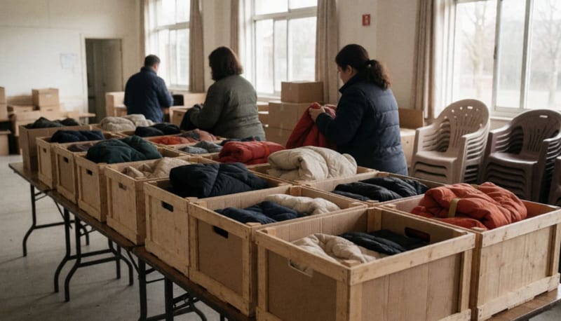 Cajas con chamarras dobladas sobre una mesa larga en un salón comunitario, con voluntarios de espaldas clasificando la ropa