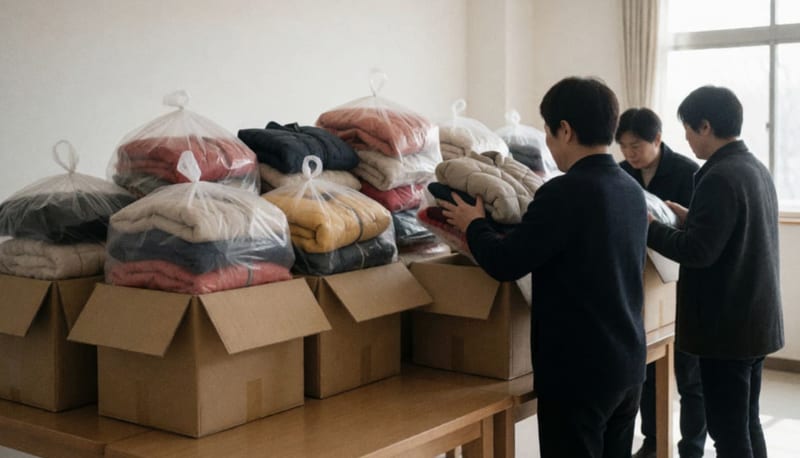 Cajas de cartón y bolsas con chamarras infantiles dobladas sobre una mesa mientras varias personas acomodan prendas en un espacio luminoso