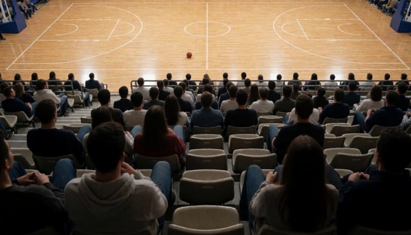 Cancha de basquetbol de duela vista desde las gradas con un balón al centro y aficionados llegando a sus asientos